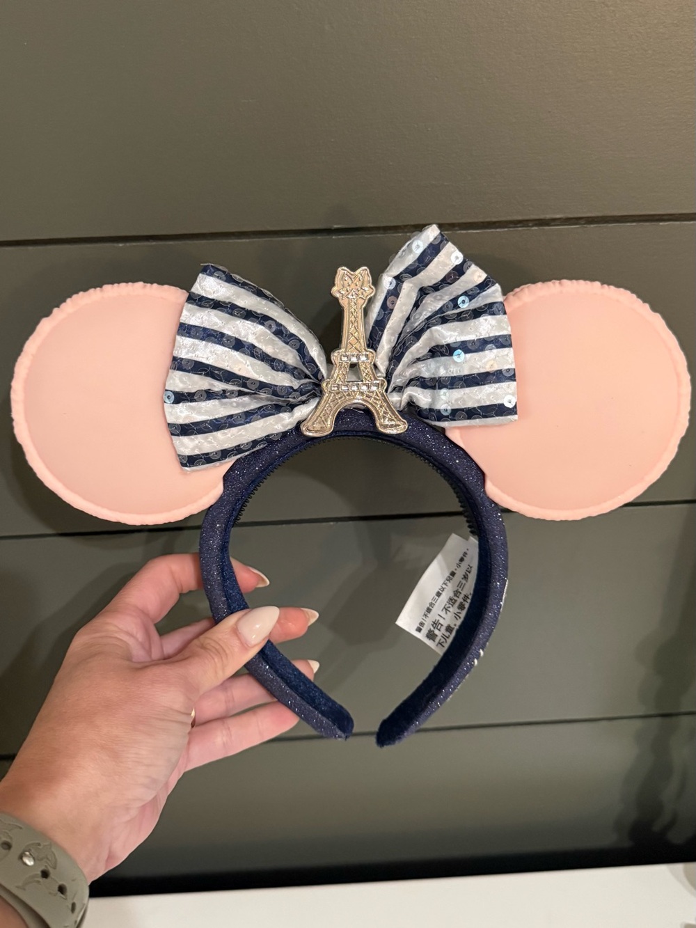 Disney Macaron Ears with Striped Bow and Eiffel Tower
